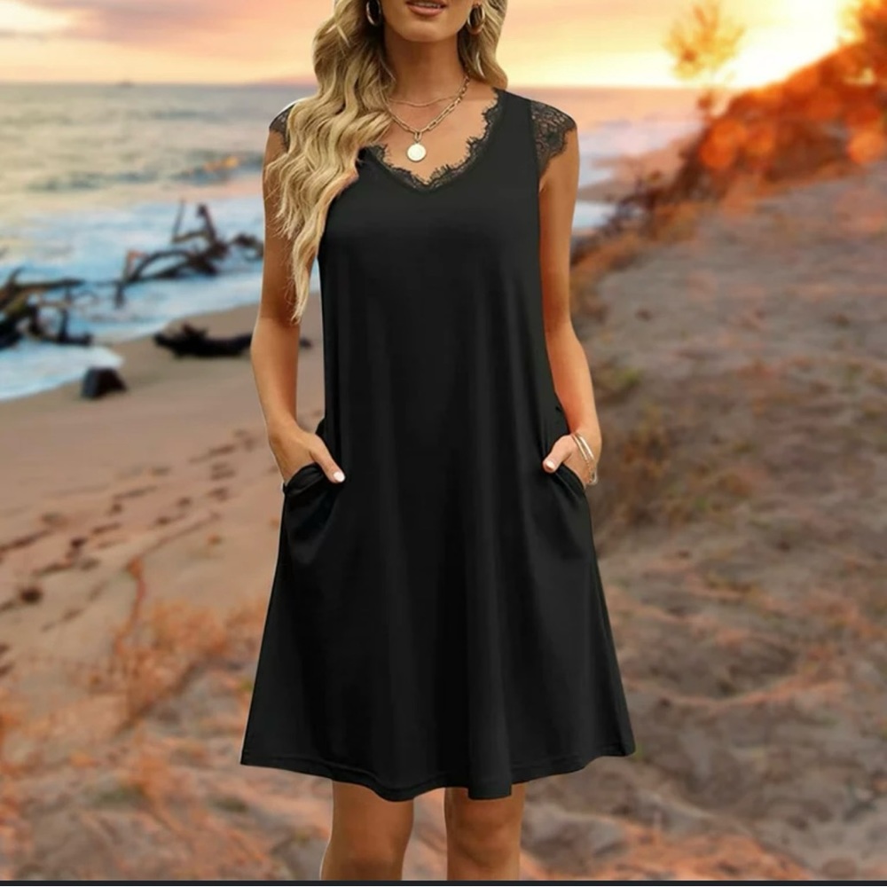 Sampeel V Neck Lace Trim Little Black Dress with Pockets NWT